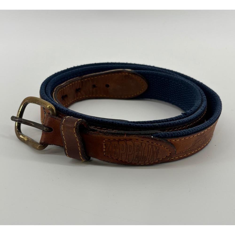 VTG Zeppelin Fish Canvas Leather Belt Size 46 Solid Brass Buckle Made In USA